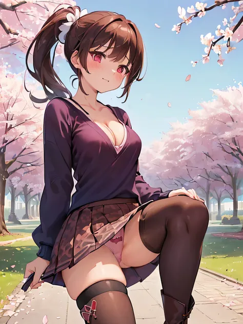 (Masterpiece, top quality, high resolution, realistic photo, realistic looking skin:1.1),
(Woman walking in park lined with cherry blossom trees:1.2),
(Skirt billowing in the wind: 1.8),
(hand holding down her skirt: 1.8),
(Fully exposed panties: 1.8),
(bl...