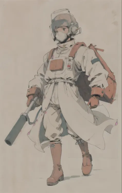 (ultra detailed,ultra high res,detailed background),((2D)),((flat color)),((muted color)), 1solo, looking at viewer, white hazmat suit, (big red galoshes), plush collar, full body image, square helmet