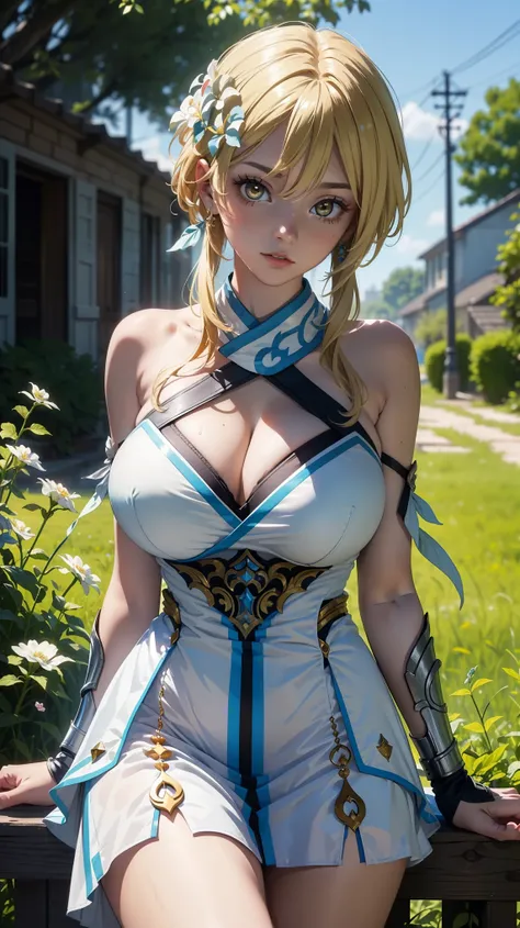 (masterpiece, top quality, best quality, official art, beautiful and aesthetic:1.2), (beautiful face), 
extremely detailed,colorful,highest detailed, (outdoors), bright eyes, huge breast, ((luminedef)),