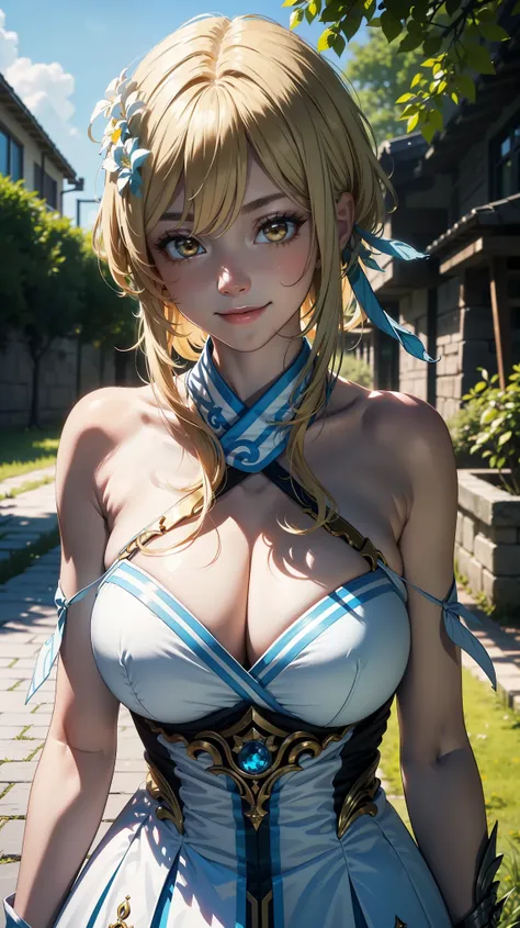 (masterpiece, top quality, best quality, official art, beautiful and aesthetic:1.2), (beautiful face), 
extremely detailed,colorful,highest detailed, (outdoors), bright eyes, huge breast, ((luminedef)), smile