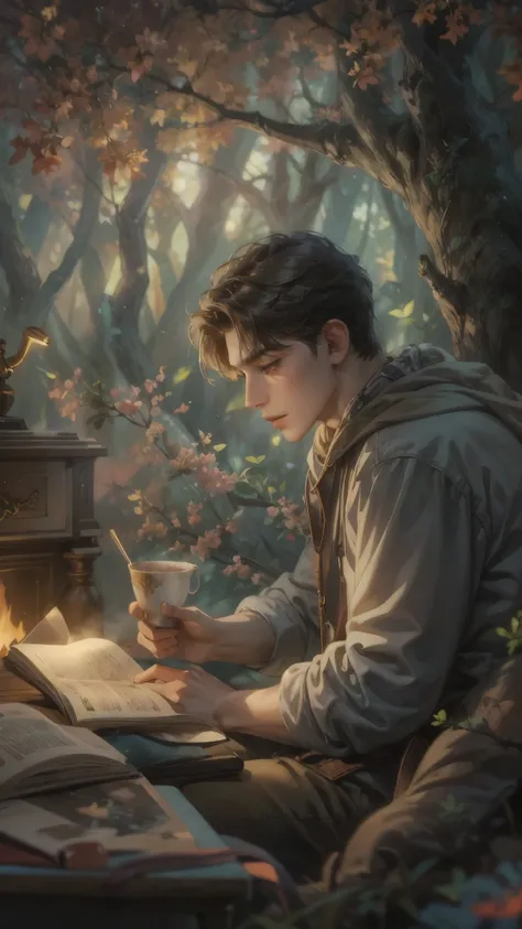 ((Best quality)), ((masterpiece)), (detailed), ((perfect face)), ((halfbody)) handsome young artist, engaging in various activities within his cozy home nestled in a serene forest. Capture moments of his daily life, such as painting, reading, playing a mus...