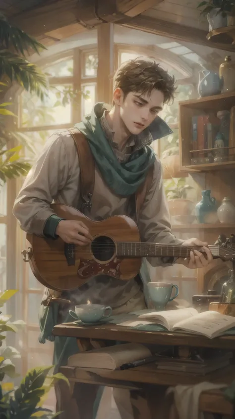 ((Best quality)), ((masterpiece)), (detailed), ((perfect face)), ((halfbody)) handsome young artist, engaging in various activities within his cozy home nestled in a serene forest. Capture moments of his daily life, such as painting, reading, playing a mus...