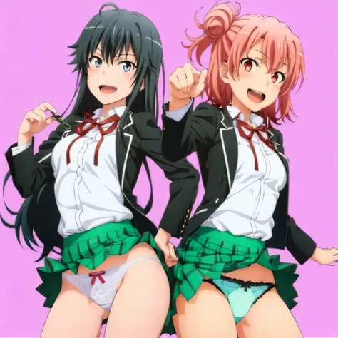 2 girls , Yukinoshita Yukino , yuigahama yui&#39;Great bust and hips, waltz dance , uniform,black blazer,white shirt,ribbon,Light pink lace panties,white lace panties,(pussy line:1.0),thighs,high angle,look at the camera,smile,open your mouth,(I&#39;I&#39;...