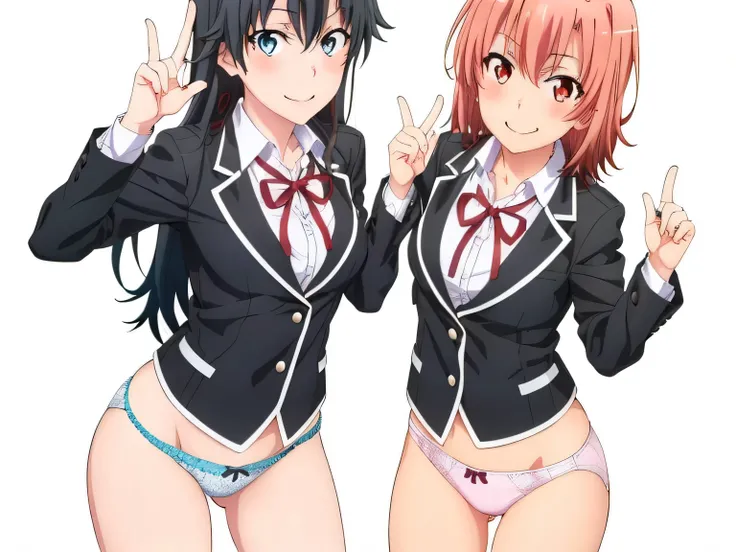 2 girls , Yukinoshita Yukino , yuigahama yui&#39;Great bust and hips, waltz dance , uniform,black blazer,white shirt,ribbon,Light pink lace panties,white lace panties,(pussy line:1.0),thighs,high angle,look at the camera,smile,open your mouth,(I&#39;I&#39;...