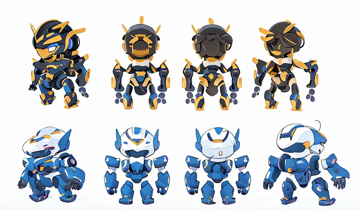 game character，2 head-to-body ratios，Mecha game，Interesting and fun，Different color styles，Three View，Contains the front view，Rear view，45 degree chart，Split of mecha elements