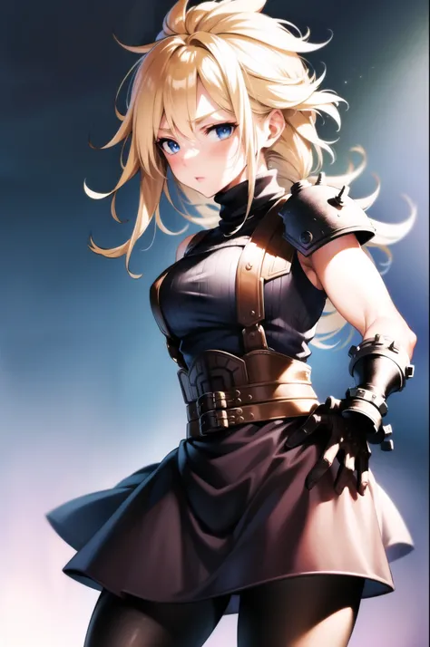 (masterpiece, best quality:1.2), expressive eyes, perfect face, highres, 1 girl, solo, (female:1.5), strife, blonde hair, shoulder armor, sleeveless turtleneck, suspenders, belt, gloves, bracer, blushing, surprised face, standing, portrait, looking at view...