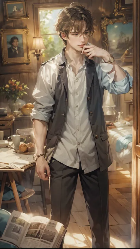 ((Best quality)), ((masterpiece)), (detailed), ((perfect face)), ((halfbody)) handsome young artist, engaging in various activities within his cozy home nestled in a serene forest. Capture moments of his daily life, such as painting, reading, playing a mus...