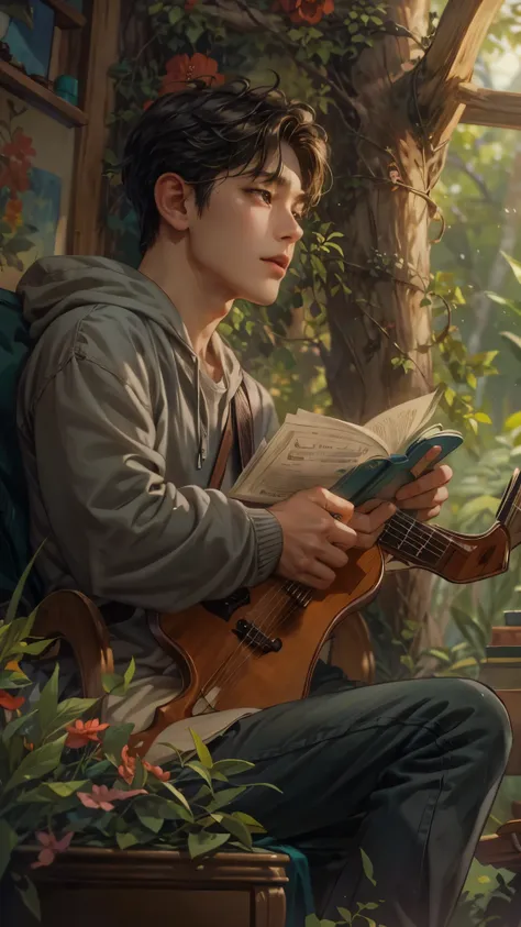 ((Best quality)), ((masterpiece)), (detailed), ((perfect face)), ((halfbody)) handsome young artist, filipino guy engaging in various activities within his cozy home nestled in a serene forest. Capture moments of his daily life, such as painting, reading, ...