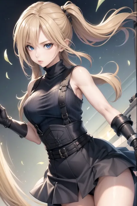 (masterpiece, best quality:1.2), expressive eyes, perfect face, highres, 1 girl, solo, (female:1.5), strife, blonde hair, shoulder armor, sleeveless turtleneck, suspenders, belt, gloves, bracer, blushing, surprised face, standing, portrait, looking at view...