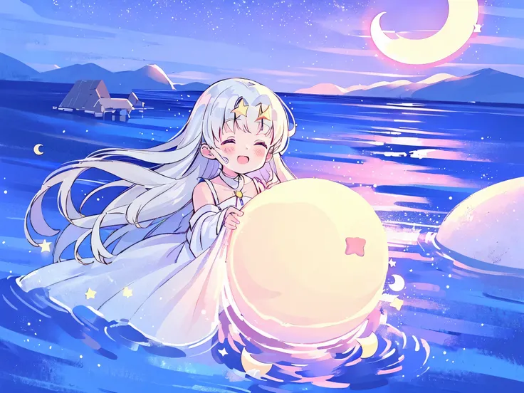 an ocean of stars, night sky, colorful, ethereal, charming girl in a white sheer babydoll dress, white hair, walking on the water, Her smile was filled with tenderness and joy, a giant crescent golden moon sitting on the water in the background, (((((((sta...