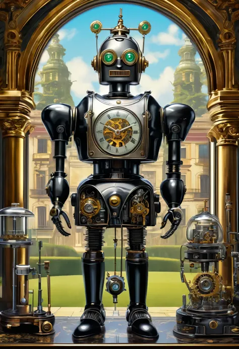 Clear illustration of very crazy robot butler, Senior inspired vintage mechanical face, digital matrix table, Gothic Metal Style Mechanical Butler Uniform., mechanical engineering butler uniform, Butler clothing with mechanical decoration coating., vidrio ...