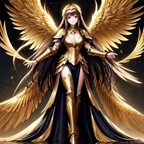 (masterpiece), (best quality), (high detail), best quality, extremely beautiful, beautiful face, angel woman, 4 big golden wing, full body. revealing armor with open_front_skirt, very long  dark hair