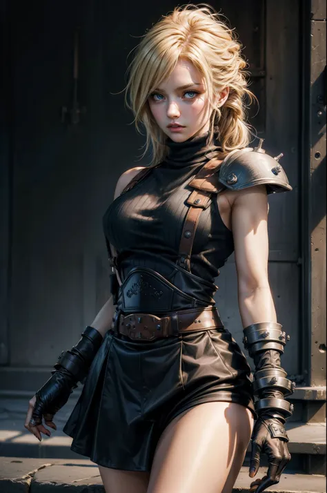 (masterpiece, best quality:1.2), expressive eyes, perfect face, highres, 1 girl, solo, (female:1.5), strife, blonde hair, shoulder armor, sleeveless turtleneck, suspenders, belt, gloves, bracer, blushing, surprised face, standing, portrait, looking at view...