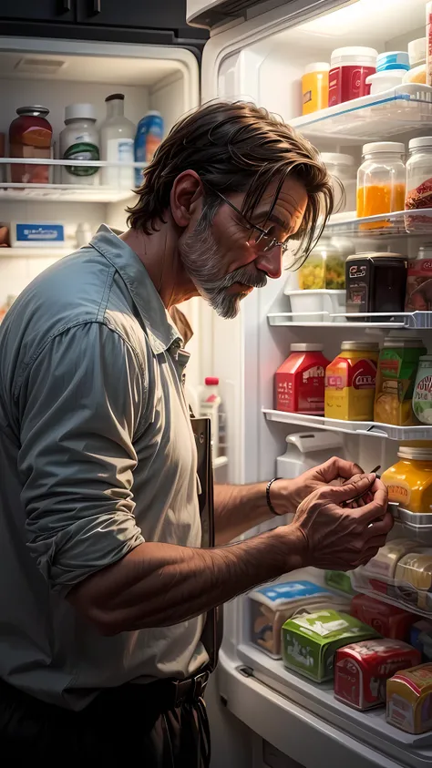 Oil painting, a man of approximately 40 years old, going through the refrigerator and taking something