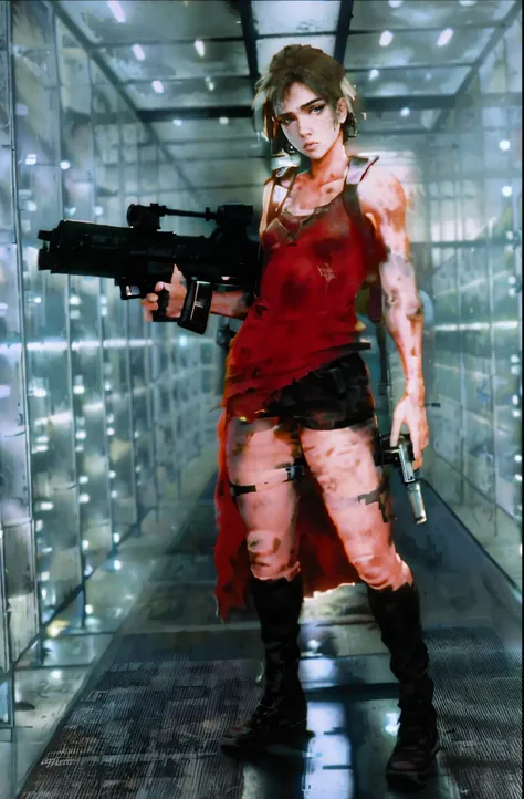 A woman in tattered red clothes holding a gun, Covered in dirt as a retro-futuristic heroine, As a retro-futuristic heroine, Jovovich Meyer, Milla Jovovich plays female, The Trinity of Matrix, 在科幻Movie中, Movie《The Matrix》stills, kristanna loken, Charming J...