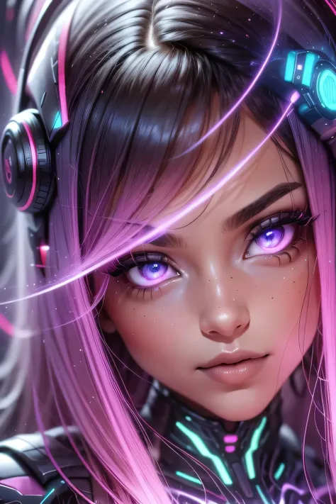 girl realistic and intricate perfect beauty face, detailed & asymmetric perfect sharp galaxy glowing eyes, detailed face, (((from face to the waist))), (((beauty shape))), ((in realistic neon-lit sci-fi black plugsuit metal mech parts and robotic tentacles...