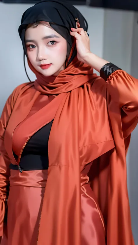 closeup photo, beautiful Indonesian woman, wearing a black pashmina hijab, natural makeup, red lips, wearing peach colored casual clothes, ring light and blur background, realistic, 8K, focus
