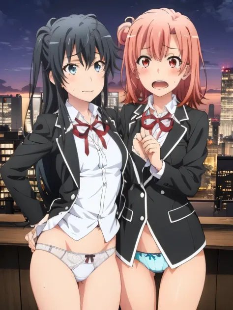 2 girls , Yukinoshita Yukino , yuigahama yui&#39;great bust and hips, waltz dance , rotate,uniform,black blazer,white shirt,ribbon,white lace panties,Light pink lace panties,(pussy line:1.0),thighs,high angle,look at the camera,(I&#39;I&#39;I&#39;m embarra...