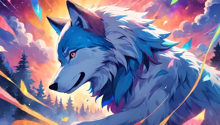 Kartenrahmen　Blauer Wolf　Vibrant and happy teenager rainbow color background　Extrem bunt　Gestalten Sie den Sternenhimmel