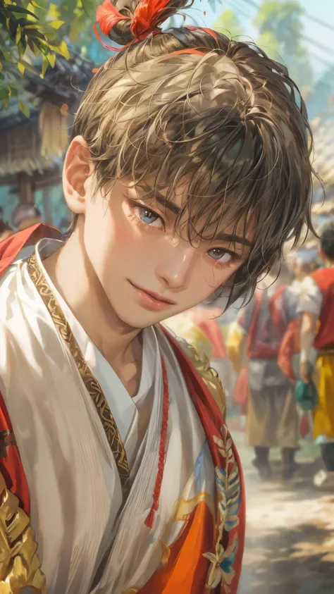 (masterpiece,best quality,ultra_detailed,highres,absurdres), close-up , perfect face, handsome boy, shorthair, ifugao teen, topless in Philippine ethnic costume, detailed festival in town scenery, scenery of town Philippines style, detailed character 