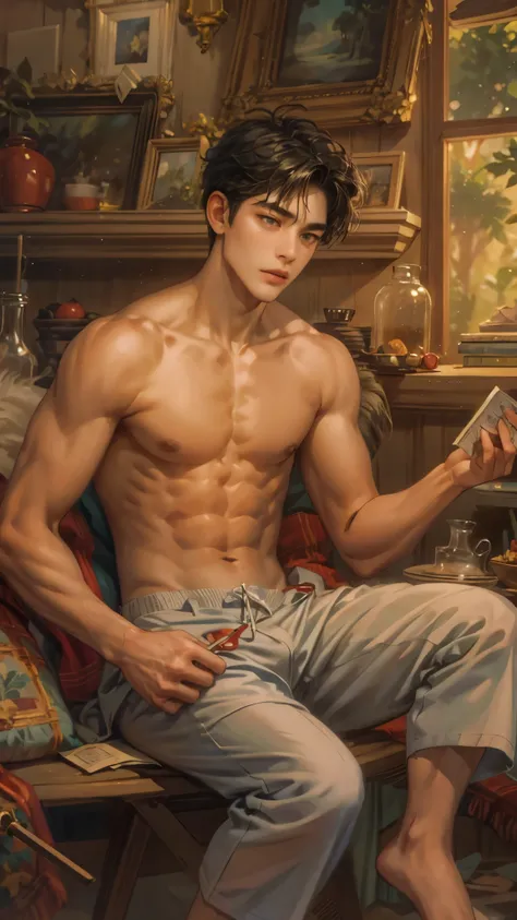 ((Best quality)), ((masterpiece)), (detailed), ((perfect face)), ((halfbody)) handsome young artist, filipino guy engaging in various activities topless within his cozy home nestled in a serene forest. Capture moments of his daily life, such as painting, r...