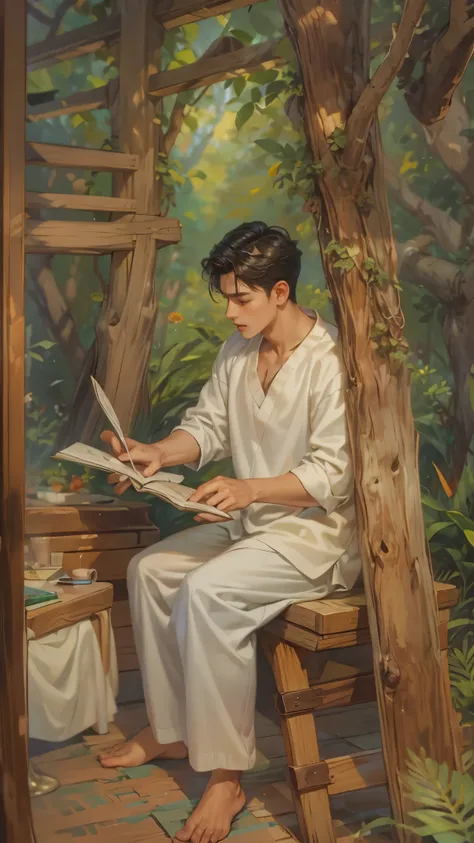 ((Best quality)), ((masterpiece)), (detailed), ((perfect face)), ((halfbody)) handsome young artist, filipino guy engaging in various activities topless within his cozy home nestled in a serene forest. Capture moments of his daily life, such as painting, r...