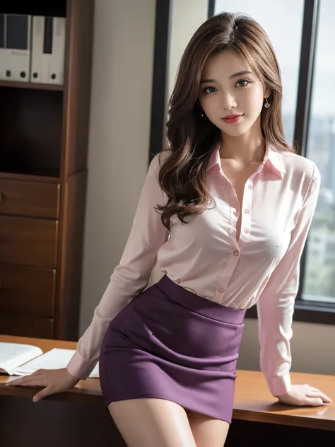 Best quality at best, realistically, ultra - detailed, Detailed pubic hair, A high resolution, 8K wallpaper, 1 Beautiful woman, pink wet lips, light brown messy hair, Wear a dark purple office suit with dark purple skirt, lock focus, Perfect dynamic compos...