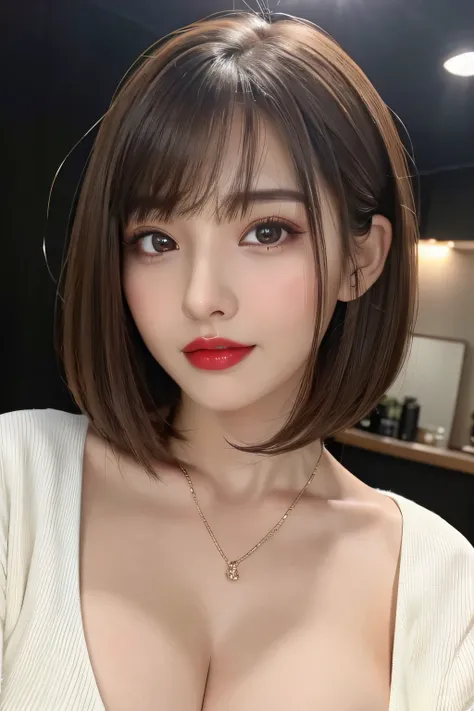 (highest quality、table top、8K、best image quality、Award-winning work)、(one young girl, 14 years old:1.3)、(Perfect V-neck red long knit sweater:1.2)、(red eyeshadow:1.2)、perfect makeup、long eyelashes、Super high-definition sparkling eyes、ultra high definition ...