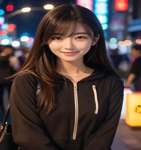 1 girl、streets of tokyo、nighttime、city scenery、city light、upper body、close up、8k、RAW shooting、Highest quality、Masterpiece、realistically、Virtual image、happy smile