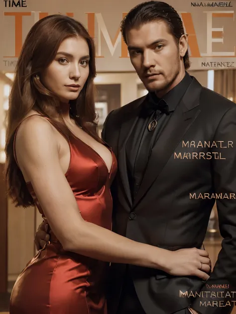 Magazine cover with a couple, (beautiful and powerful woman, redhead and straight hair, parted on the side, elegant red dress.) (tall, muscular, strong man, black suit ((On the cover it is written: “Paola Lencastre and Leon Guerra Marttel”)) ((magazine nam...