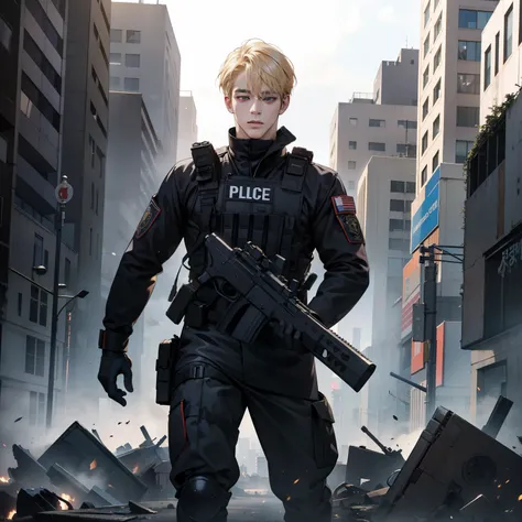 Masterpiece, high quality, best quality, 3D HD, realistic, perfect lighting, detailed body, korean blonde hair, 1 Man, police swat suit, Destroyed city background