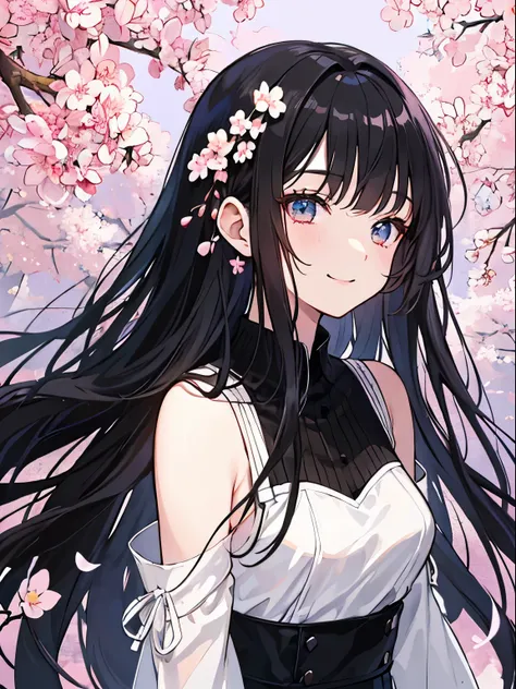 looking at me with a smile、(綺麗なblack hair:1.2)、Background of cherry blossom trees、Clear ultramarine eyes、beautiful girl、8K high quality、black hair、long hair、Delicate hair type