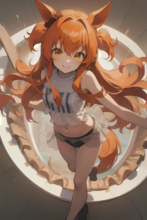 mayano top gun(Umamusume), super detailed face, masterpiece, highest quality, light smile, wave hands, ((super detailed face)), slender girl, whole body, (((underwear,))) good,panties,horse tail, light smile, fine and clear eyes, frontage,)(small breasts)(...