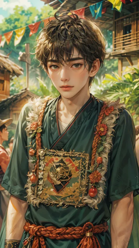 (masterpiece,best quality,ultra_detailed,highres,absurdres), close-up , perfect face, handsome boy, shorthair, ifugao teen, topless in Philippine ethnic costume, detailed festival in town scenery, scenery of town Philippines style, detailed character 