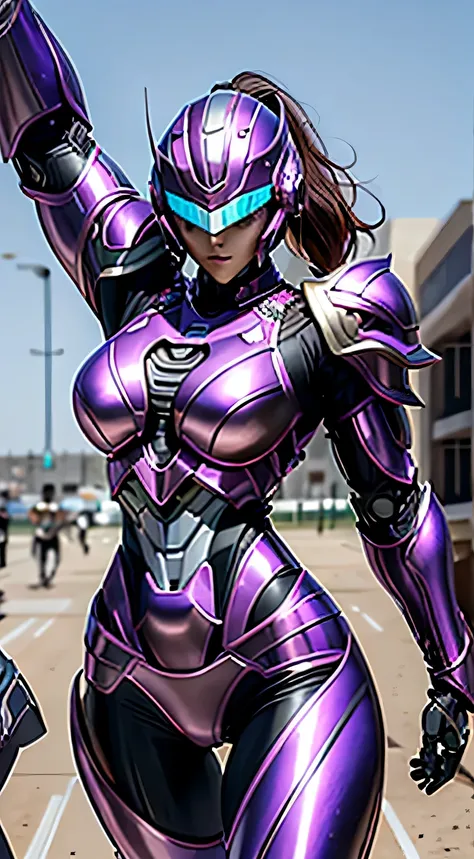 female robocop solo、bright outdoors、strong light source、8K, high quality, masterpiece, 最high quality, hd,sharp contrast、very detailed、Armor that completely covers the whole body、very large armor、Helmet covering the head、clear pictures、Eyes hidden by thin s...