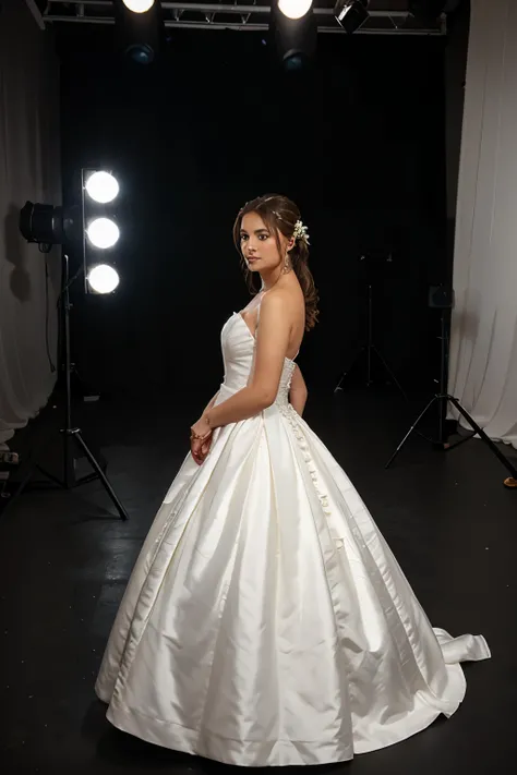 photograph of a bride in a beautiful dress at a front angle, made in a photo studio