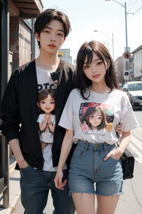 The guy chibi, with a birthday in May on his shirt and the girl is on October.

Both chibis could be standing side by side, facing each other with joyful expressions, celebrating their birthdays together.