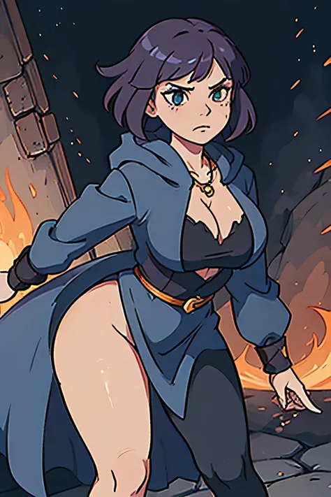 (((masterpiece))), (((best quality))), illustration, single character, game character, rpg character, female character, female necromancer, dark blue dress with golden details, leather bracers. huge cleavage, gemmed necklace. side butt. wide hips. up turne...