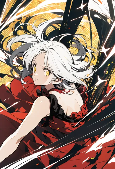 girl with white hair, yellow starry eyes and wearing a red tattered dress anime girl