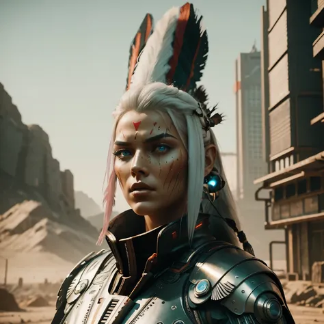 analog style, futuristic Indian chief from 2099 with high tech headdress, platinum hair and war paint, strong fiery eyes, octane render, cinematic lighting, dramatic lighting, mood taking in the picture