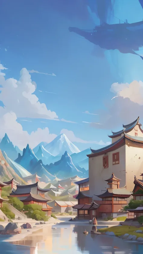 Chinese architecture ,anime scenery of a town with a mountain in the background, g liulian art style, onmyoji detailed art, traditional japanese concept art, town background, detailed scenery —width 672, digital painting concept art, background art, ross t...