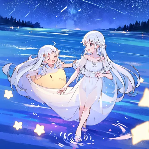 an ocean of stars, night sky, colorful, ethereal, charming girl in a white sheer babydoll dress, white hair, walking on the water, Her smile was filled with tenderness and joy, giant crescent white moon dipping into the water in the background, (((((((star...