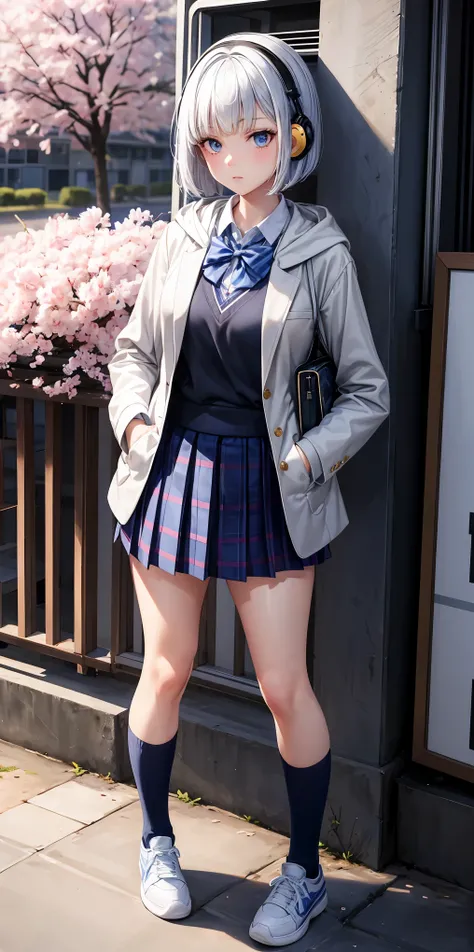 masterpiece:1.2, high quality, best quality, Cherry blossoms, School gate, School building, Graduation ceremony, navy blue skirt in plaid skirt, blue bow, white hooded sweatshirt, black knee high socks, white high cut sneakers, one blue school bag, headpho...