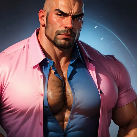 an exaggeratedly muscular and large bald bodyguard, mixed race, (ripped collared blue shirt: 1.2), (one exposed pecs: 1.1), (bara pecs: 1.3), (hairy chest: 1.2), close-up portrait HD, pink background light