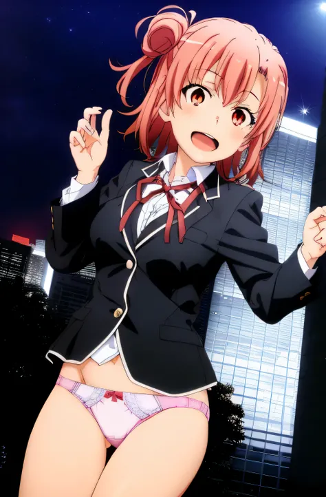 2 girls ,(yuigahama yui&#39;nice big bust, waltz dance ,uniform,black blazer,white shirt,ribbon,light pink panties,thighs,((high angle:1.0)),Take a look here,I&#39;I&#39;I&#39;m embarrassed and blush,open mouth smile,beautiful eyes,downtown at night