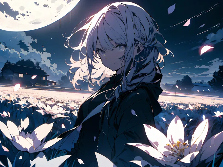 masterpiece, highest quality,(Shining eyes、detailed beautiful face), 1 girl, (colorful),(Finely drawn beautiful eyes and detailed face),cinematic lighting,bust shot,very detailed、8K wallpaper,gray hair,alone,smile,intricate skirt,((flying petals)),(floweri...