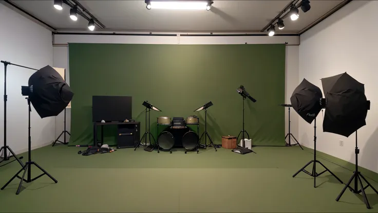 a dimly lit green screen room with a table and stools, Zhongshan Zheng&#39;s photo, No splashing, video art, green screen, green screen background, 4k studio photo, studio background, studio 4k, 4k studio lighting, studio background, Kyoto Studio, televisi...