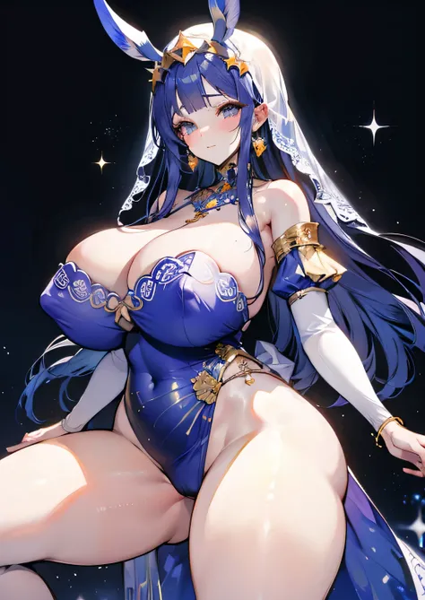 Erotic Anime Illustration、High resolution、A plump dark-skinned lady shows off her crotch in a Middle Eastern-style palace.、Middle Eastern dress with intricate patterns、face veil、beautiful eyes、blush and laugh、lovelive、Nitocris、Overwhelming huge breasts tha...