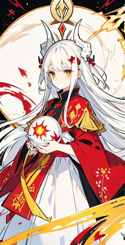 Girl with white hair and few black strands. Yellow and red starry eyes. She is wearing a red tattered dress with a white dragon pattern on it, she is holding a orb of yellow arcane energy.