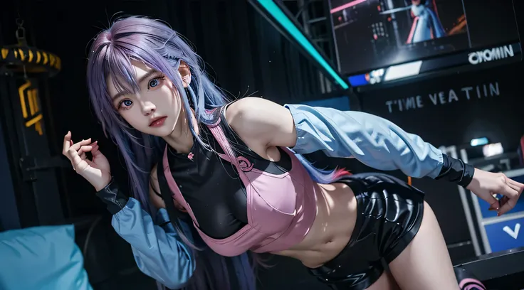 A girl with pink blue hair, wearing a colorful outfit and cosplay costume, stands in a dynamic pose. She has a playful expression on her face as she enjoys playing video games. The girl is a gamer, immersed in her virtual world, holding a console controlle...